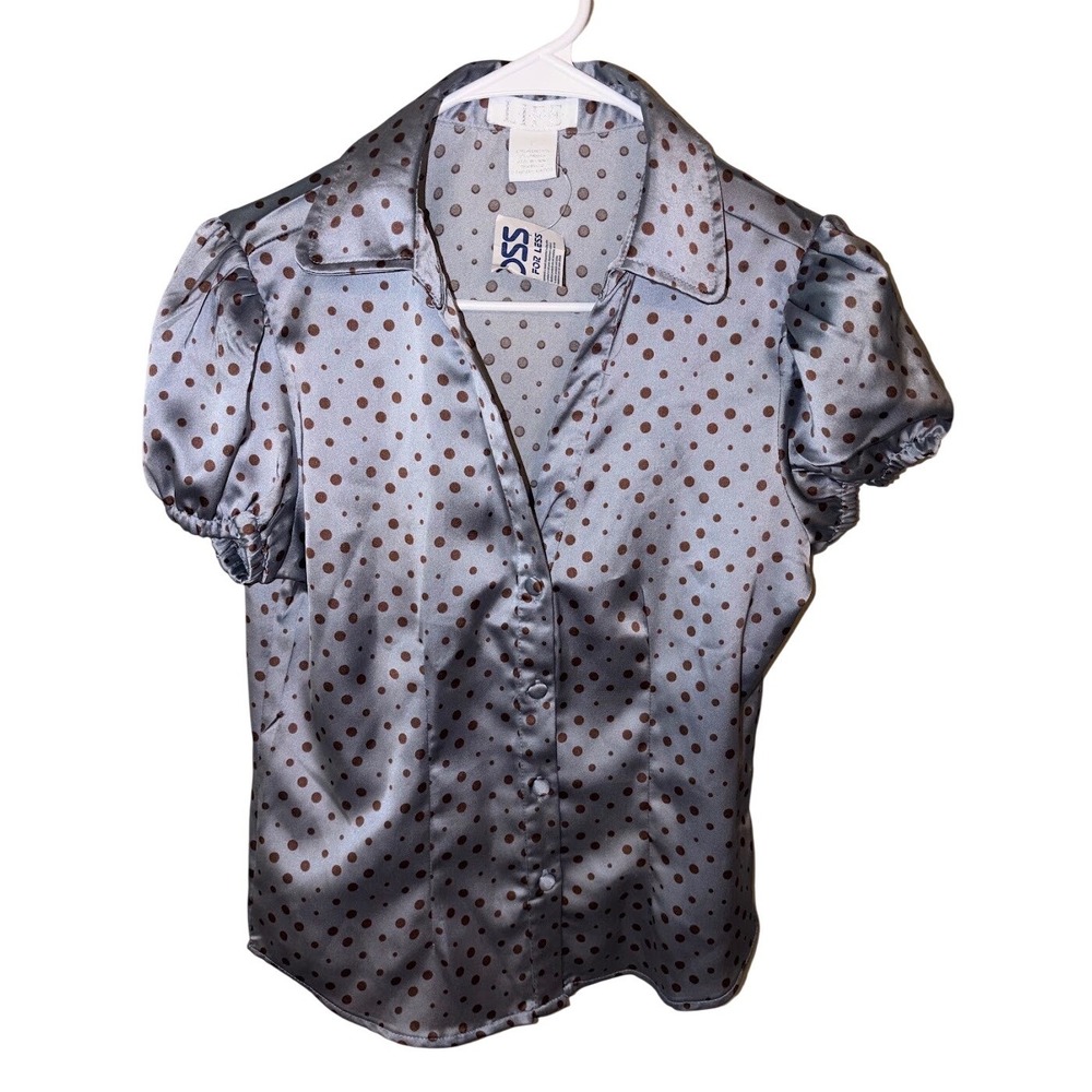 LIFE Womens Polka Dot Satin Blouse Light Blue Brown Puff Sleeve Button Up‎ Small